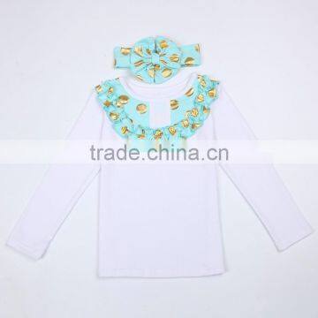 Hot Selling Baby Girl Cotton Blue Icing Top With handband Ruffle long Sleeve Gold dot Ruffle Neck shirts