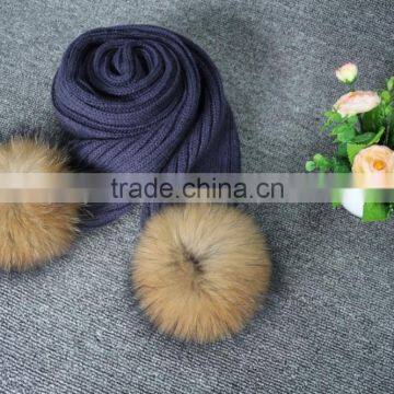 Korea style plain coloured knitting scarf with double raccoon fur pompons