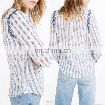 2016 new fashion women clothing lady see through blue and white stripe blouse