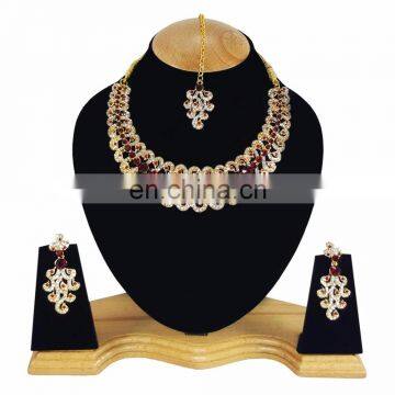 Designer Gold Plated Indian Handmade Party wear Kundan Zerconic Necklace set Dark Red Color