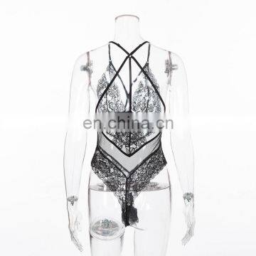 Black Sexy Lace Flowers Bodysuit Summer Mesh Splice Transparent Deep V Neck Jumpsuit Nightwear Women Hollow Corset Overalls Body photo-6