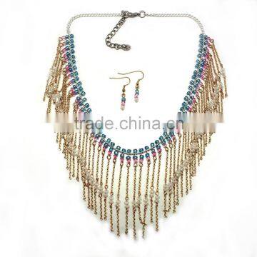 Popular 2015 lady choker jewelry set chains with seed beads tassel fashion necklace