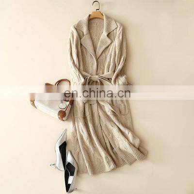 Women Long Cable Knit Thick Lapel Wool Cashmere Cardigan Sweater with Belt