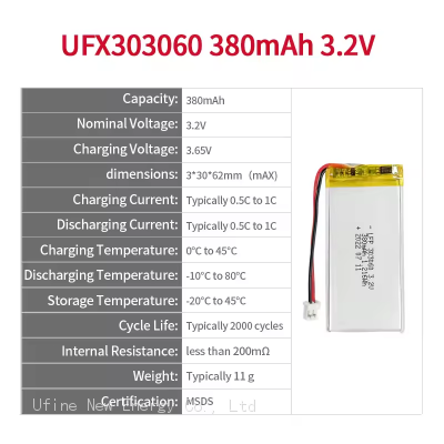 LiFePO4 Battery Pack UFX 303060 380mAh 3.2V LiFePo4 Battery photo-2