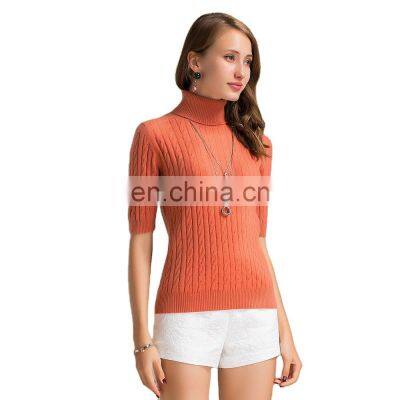 Mongolian Women Short Sleeves Pullover Cable Knit Turtleneck Cashmere Sweater for Women