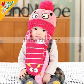 2015 Winter Newest Cute Eyes Embroidery Acrylic Stripe Knit Siamesed Two Piece Set Baby Hat and Scarf photo-3