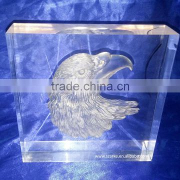 3D laser carving eagle's heart acrylic art block display animal style thick paperweight