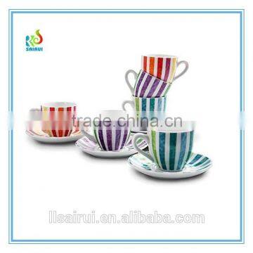 180 ml rainbow ceramic tea cups and saucers with straight stripe