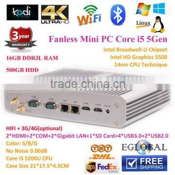 Fanless Mini HTPC 16GB Ram 500GB HDD Intel Core i5 5200U 2*Nics+2*COM+2*HD-MI 4K HD Aluminum Alloy Newest Technology Silent PC