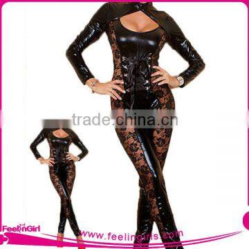 Black Plus Size Sexy Faux Leather Catsuit Fat Woman Bodysuit