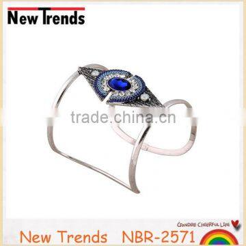 Vintage Sliver Zinc Alloy Large Glass Stone Bangle With Colorful Rhinestone