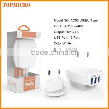2016 Wholesale US / EU Plug Charger With 3 USB Ports for iphone Smart Phone