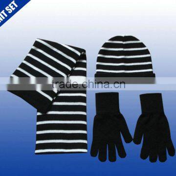 black and white striped design knitted hat scarf glove knit winter set