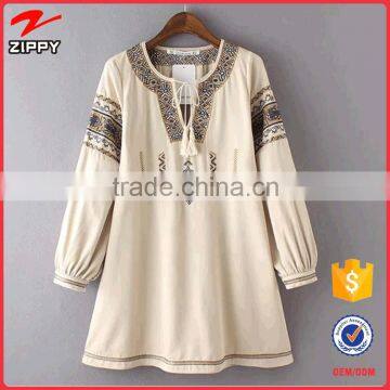 Latest Design Long Sleeve Cotton Tassel Embroidered Tunic Mini Dresses