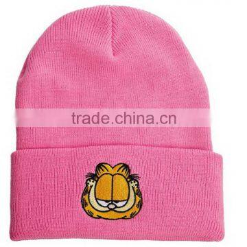 custom plain knit pink hat with embroidery cuff