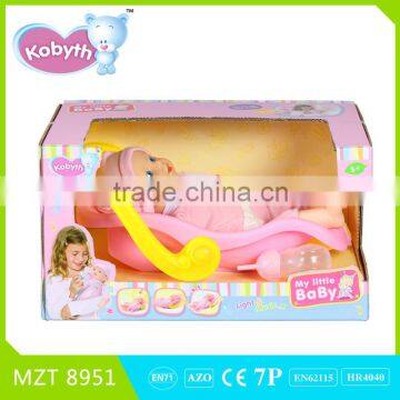 14 inch lovely sleeping music baby doll+cradle with music and light