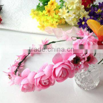 Fashion Mary Girl Flower Garland 100% handmade Pink Rose head ornament Hawaii wreaths