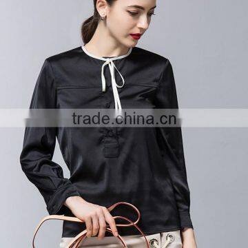 Pretty Steps 2016 elegant ladies high quality round collar blouse black color long slleeve satin blouse tops