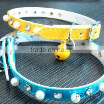 Bling Bling Stones Pearls Cat leather Collar with bell