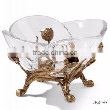Ornamental Crystal Compote With Wave Edge, Unique Crystal Fruit Bowl Inlaid Bronze Casting Conch & Flower Vine Edge photo-4