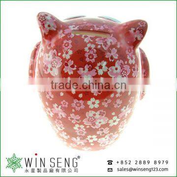 Dealers Coins Owl Shape Cherry Blossoms Flower Patterns Ceramic Animal Piggy Bank for Decoration photo-3