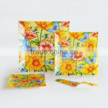 3pcs Glass Plate Set with Server, Square Pan with Decal, G321089