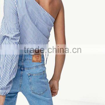 2017 Latest Design Embroidried Cotton Stripe One Side Shoulder Sexy Top for Clothing Women photo-3