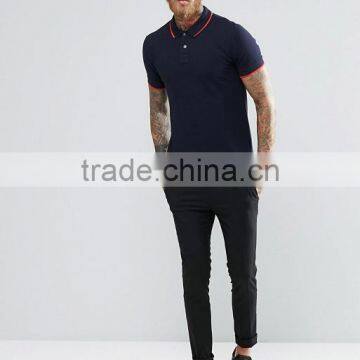 Short Sleeve Button Placket Collar Cuff Red Tip Design Men's 100% Cotton Breathable Pique 200g Casual Slim Navy Polo Shirt photo-4