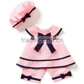Wholesale lovely pink baby girl clothes bownot stripe clothing 100%cotton frock designs of baby two pieces clothes set