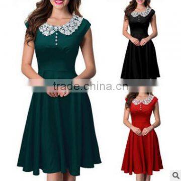 Hot selling lace flower neck lady elegant dress big swing one piece dress