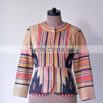 Hand Crafted Kantha Jacket in Beautiful Vintage Color Print ~ Large photo-5