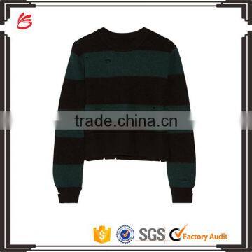 High Quality 100% Wool Mid-weight Striped Distressed Sweater Knitted for Women