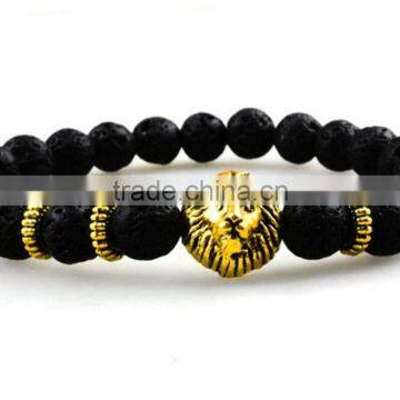 8MM Black Lava stone beads Gold Lion head Energy Bracelets