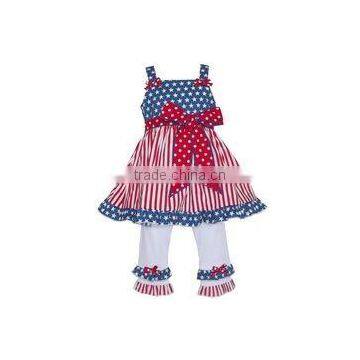 New fashion kids clothing wholesale sleeveless fluffy dress top ruffle leggings girls July 4th clothing set