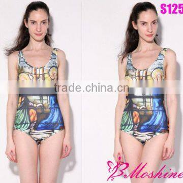 SEXY Womens European Skinny Cathedral Swimsuit One Piece Digital Print Backless swimwear