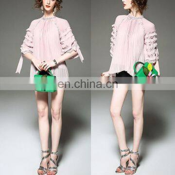 New designs round neck Pink Ruffle Pleat long Sleeve women casual blouse