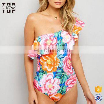 2017 oem female ruffle swimsuit high cut leg custom print swimwear