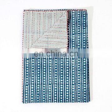 Indian Diamond kantha Quilt Reversible Block Printed Bedspread Throw Bedcover