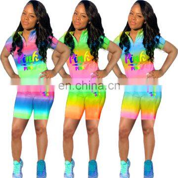 Summer Stylish Colorful Tie Dye 2 Pieces Two Piece Women Short Sexy Bodycon Printed Sports Set Suits photo-2