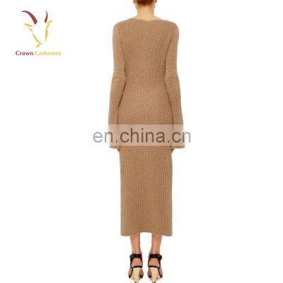 Tan V Neck Cashmere Sweater Dresses for Women photo-2