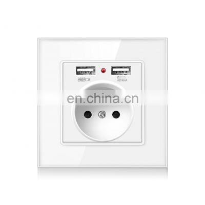 French Standard 86*86mm Ac100-250V 16A Crystal Glass Panel USB 5V 2A Socket Electrical Outlet Power Wall Plug Prise Usb