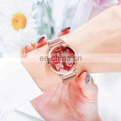 SKMEI 1767 Cat Pattern Women Stainless Steel Mesh Band 30m Water Resistant Lady Wrist Watch With Magnetic Buckle photo-5