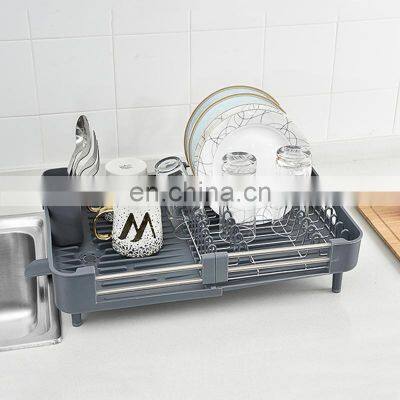 Stainless Steel Dish Drying Rack Adjustable Kitchen Plates Organizer with Drainboard over Sink Countertop Cutlery Storage Holder