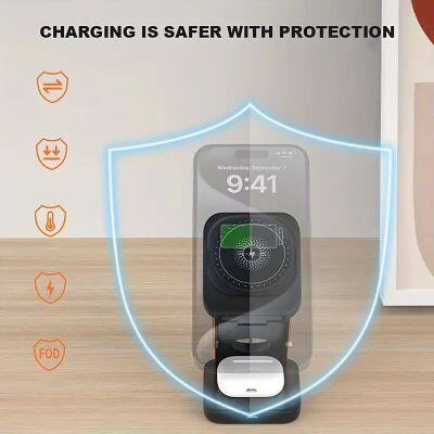3 in 1 Wireless Charger Magnetic Stand Black Portable Foldable Wireless Charging Station for IPhone 12-15 Pro Max