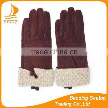 fashion ladies /girls sheep suede and fake fur leather gloves