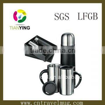 stainless steel vacuum flask tea set with two coffee mugs