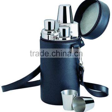 3 Pcs 6 Oz. Columniformed Shiny Stainless Steel Flask With 3-1 Oz. Stainless Shooters in Black PU Leatherette Carrying Case Wit photo-1