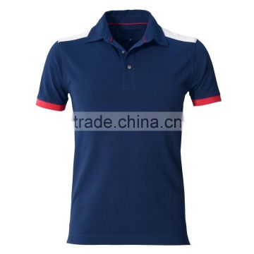 100% Cotton Custom Men Navy Blue Polo Shirt with White Panels at Shoulder and Red knitted Cuffs