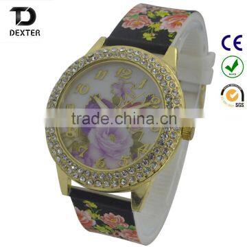 flower printing 3D printed diamond fashion ladies wristswatch