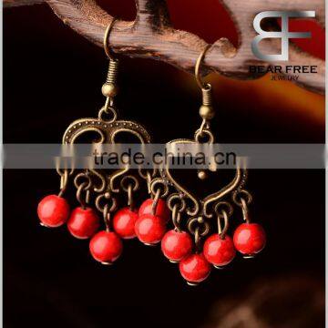 Retro Classic Heart Shaped Red Stone Beads Drop Earrings for Women